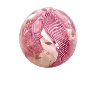 Vintage Bubble Glass Paperweight with Lattice Scrolling Pink & White Ribbons